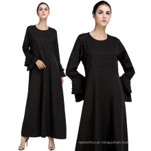 Moda abaya projetos em pedra preta de poliéster flare manga vestido longo roupas islâmicas